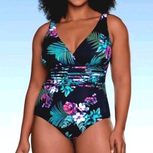 NWT Aqua Green One Piece Floral Bathing Suit Women's Size L Tropical Beach Pool